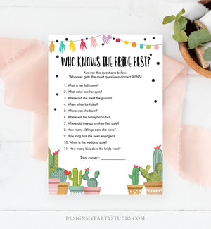 Editable Who Knows the Bride Best Bridal Shower Game Cactus Fiesta Mexican Coed Shower Games Wedding Activity Corjl Template Printable 0254