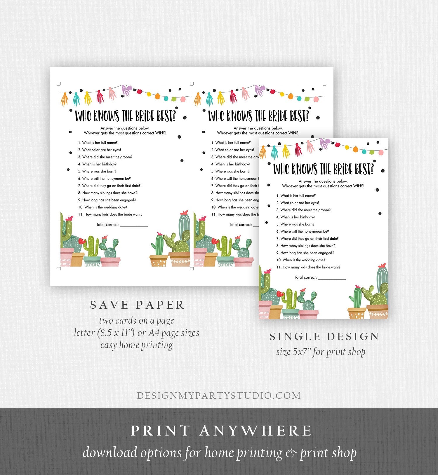 Editable Who Knows the Bride Best Bridal Shower Game Cactus Fiesta Mexican Coed Shower Game Wedding Activity Digital Template Printable 0254