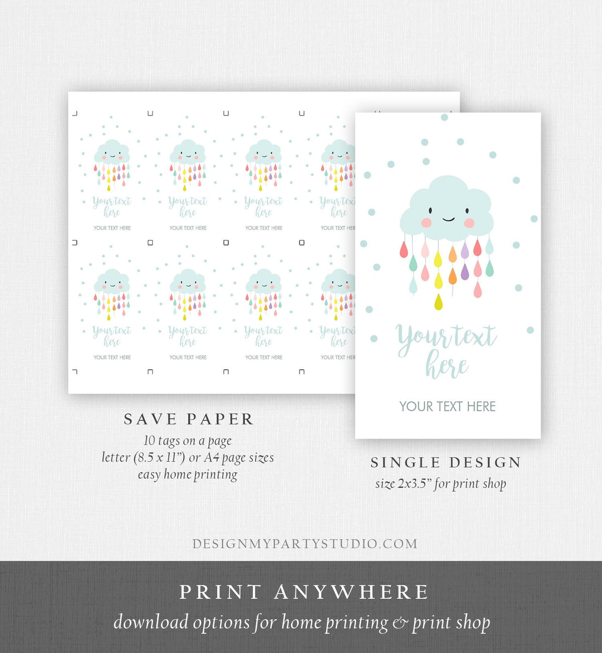 Editable Cloud Baby Shower Favor Tags Cloud Labels Cloud Thank you Tags Gift Tag Raindrops Blue Boy Sprinkle Tags Template Corjl 0036