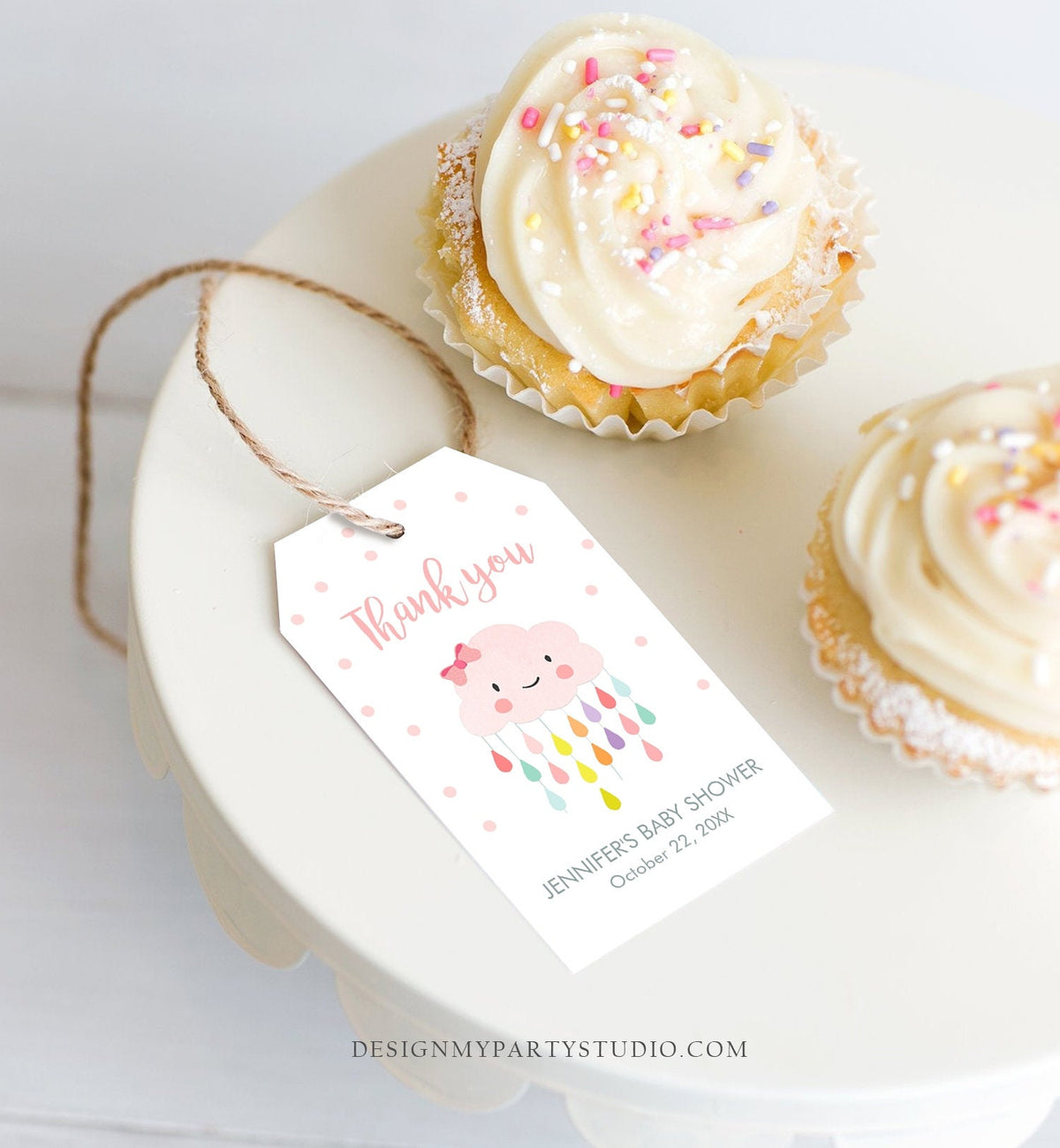 Editable Cloud Baby Shower Favor Tags Cloud Labels Cloud Thank you Tags Gift Tag Raindrops Girl Pink Sprinkle Tags Template Corjl 0036