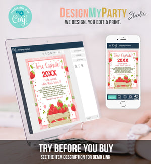 Editable Time Capsule Strawberry First Birthday Party Strawberry Decor Farmers Market Party Fruit Girl Pink Template Printable Corjl 0091