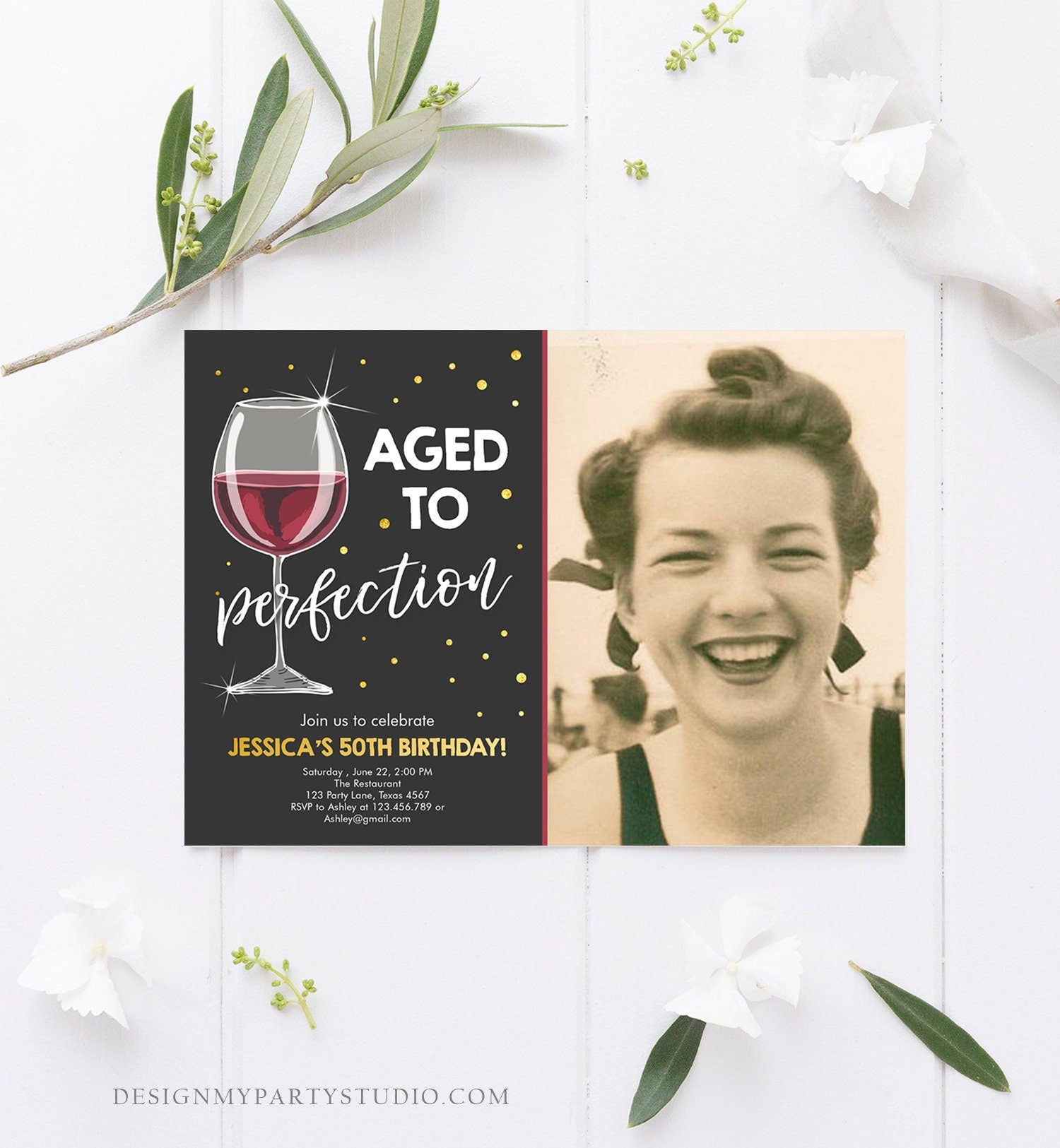 Editable Aged to Perfection Birthday Invitation Wine Adult Birthday Invite Rustic Surprise Download Printable Invitation Template Corjl 0252