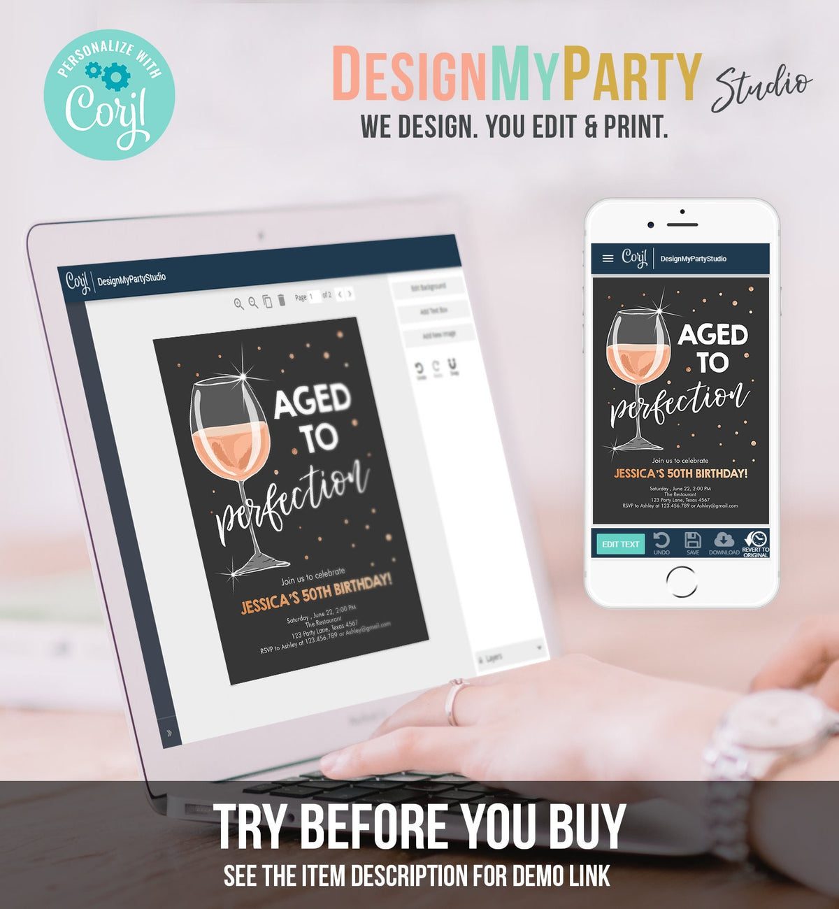 Editable Aged to Perfection Birthday Invitation Wine Adult Birthday Invite Rustic Surprise Gold Pink Download Printable Template Corjl 0252