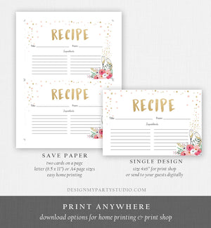 Editable Pink Floral Recipe Cards Brunch and Bubbly Bridal Shower Gold Confetti Double Sided 4x6 Download Corjl Template Printable 0030 0318