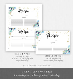 Editable Blue Floral Recipe Cards Travel Adventure Bridal Shower Traveling to Mrs Navy Gold Confetti Double Sided 4x6 Corjl Template 0030