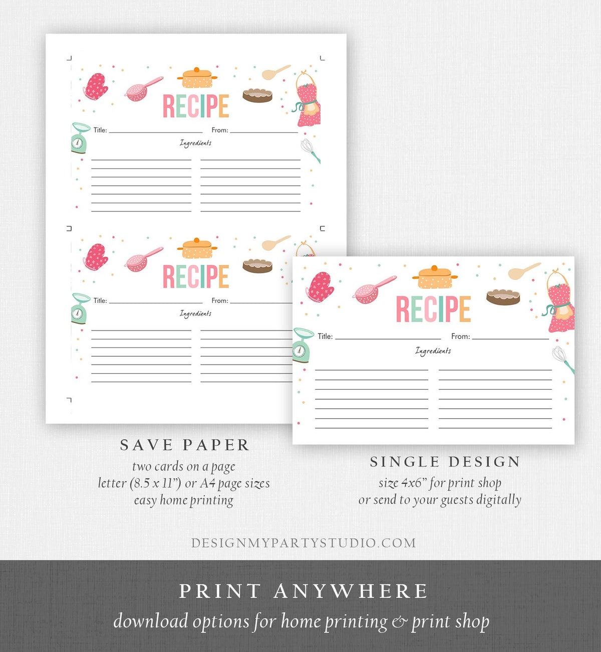 Editable Recipe Cards Kitchen Bridal Shower Stock the Kitchen Retro Kitchen Cooking Double Sided Digital Download Template Printable 0219