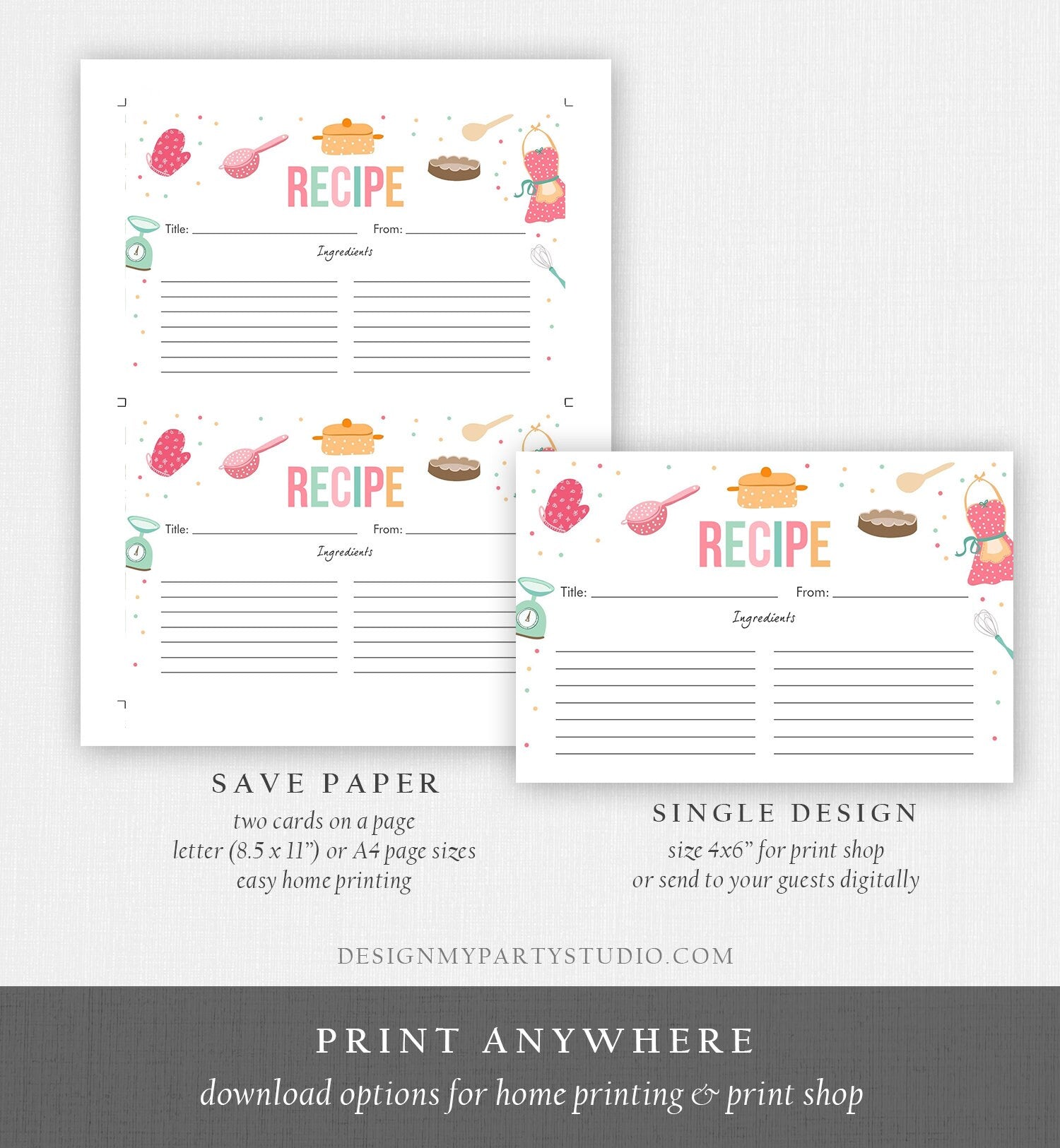 Editable Recipe Cards Kitchen Bridal Shower Stock the Kitchen Retro Kitchen Cooking Double Sided Digital Download Template Printable 0219