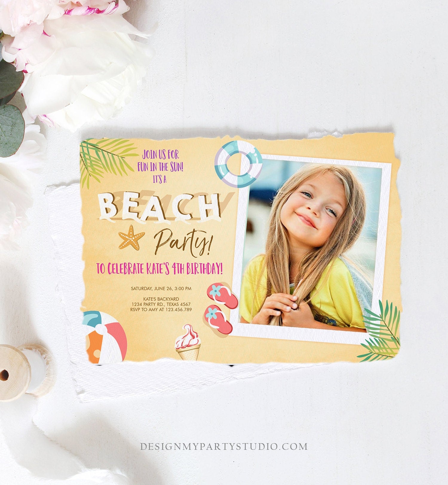 Editable Beach Party Invitation Birthday Invite Surf Party Summer Sea Sand Beach Ball Girl Pink Download Printable Template Corjl 0158