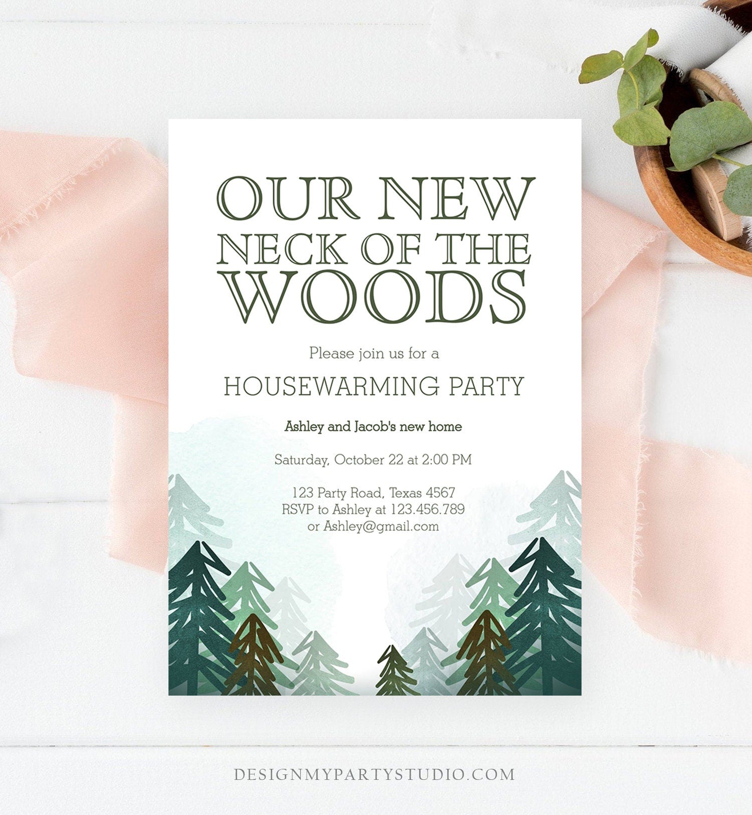 Editable Housewarming Party Invitation Our New Neck of the Woods Forest Winter Fall Party Rustic Download Corjl Template Printable 0295