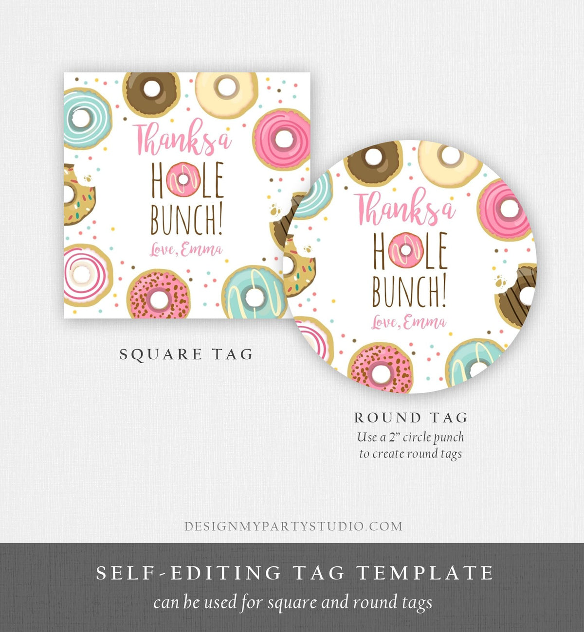 Editable Donut Favor Tag Donut Birthday Thank You A hole Bunch Donut Stickers Girl Pink Donut Dough Round Digital Template Printable 0050