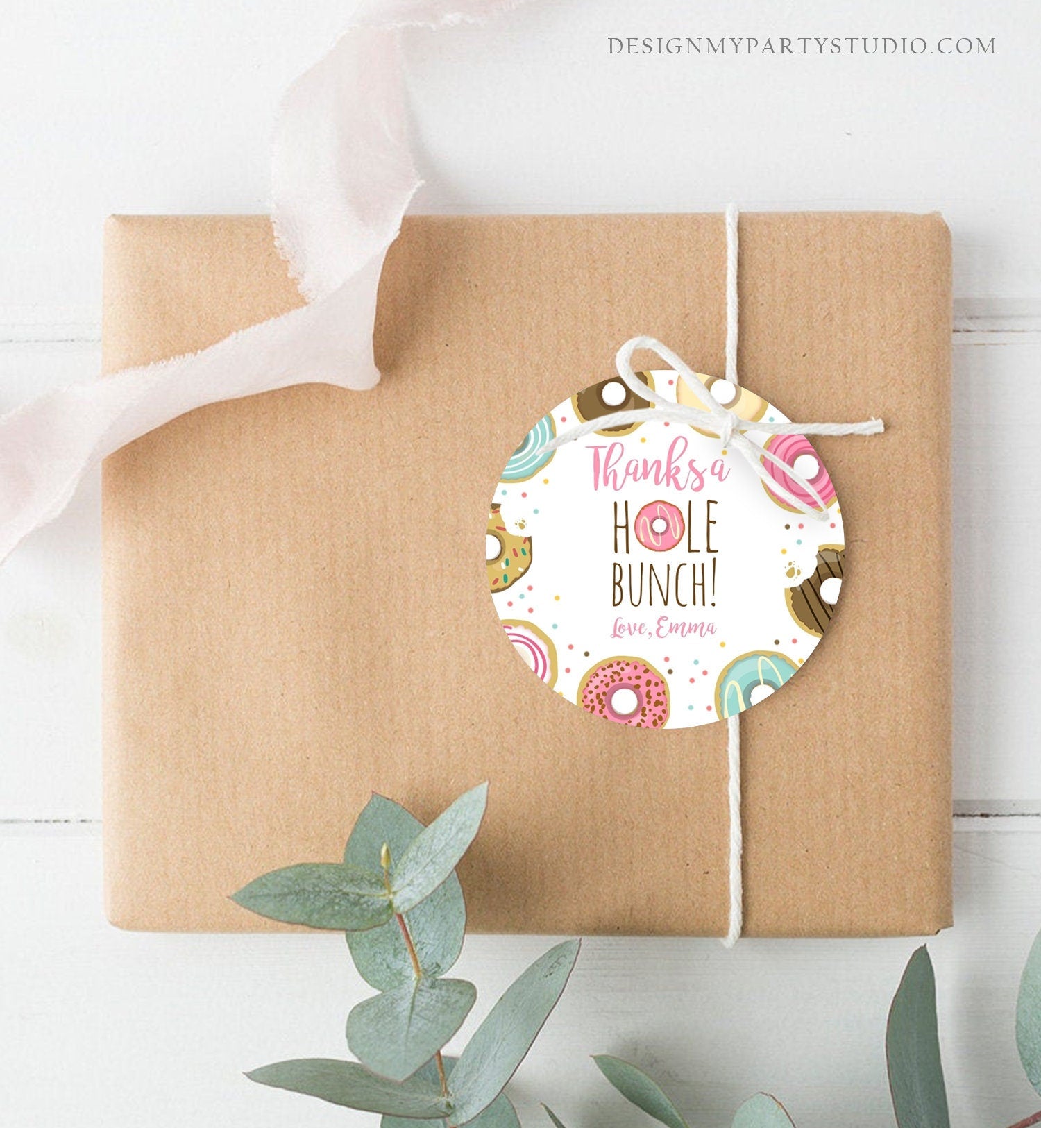 Editable Donut Favor Tag Donut Birthday Thank You A hole Bunch Donut Stickers Girl Pink Donut Dough Round Digital Template Printable 0050