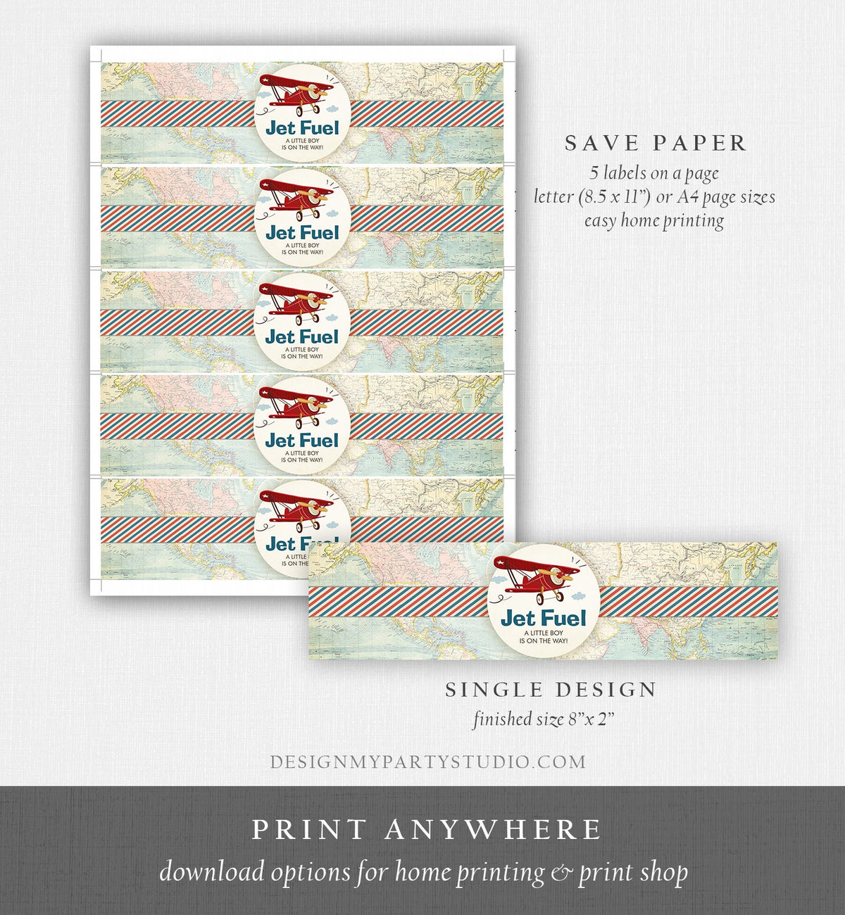 Editable Airplane Water Bottle Labels Jet Fuel Labels Boy Baby Shower Red Airplane Adventure Travel Decor Printable Template Corjl 0011