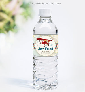 Editable Airplane Water Bottle Labels Jet Fuel Labels Boy Baby Shower Red Airplane Adventure Travel Decor Printable Template Corjl 0011