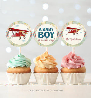Editable Airplane Baby Shower Cupcake Toppers Vintage Airplane Round Stickers Plane Shower Boy Sky Red Blue Corjl Template Printable 0011