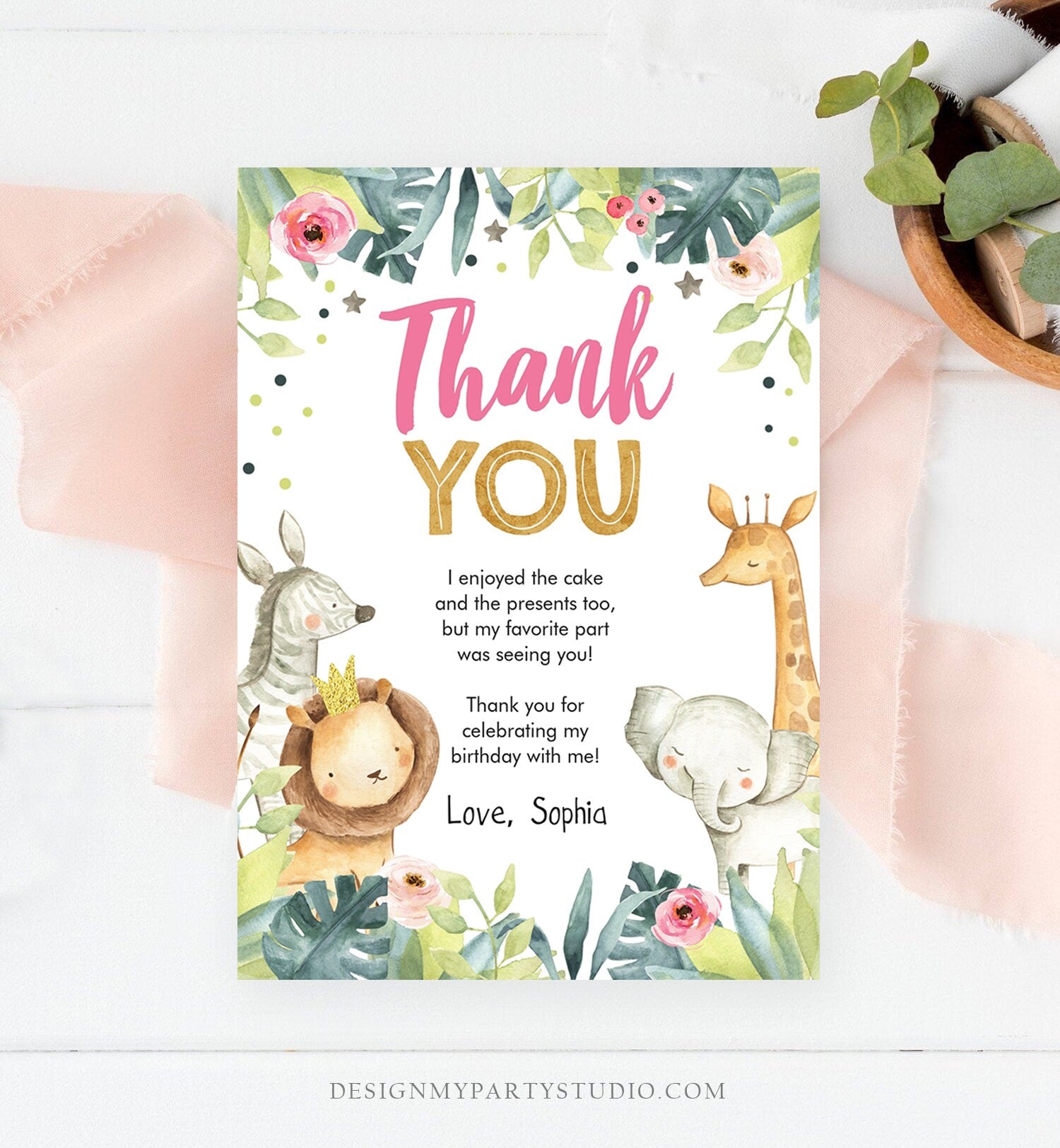 Editable Thank You Card Safari Animals Wild One Two Wild Thank You Note Girl Pink Gold Jungle Zoo Party Animals Corjl Template Digital 0163