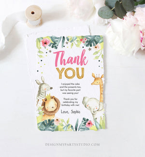 Editable Thank You Card Safari Animals Wild One Two Wild Thank You Note Girl Pink Gold Jungle Zoo Party Animals Corjl Template Digital 0163