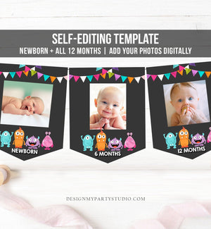 Editable Little Monsters First Birthday Banner Monthly Photo Banner Girl Pink Monster Bash Birthday Confetti PRINTABLE Corjl Template 0058
