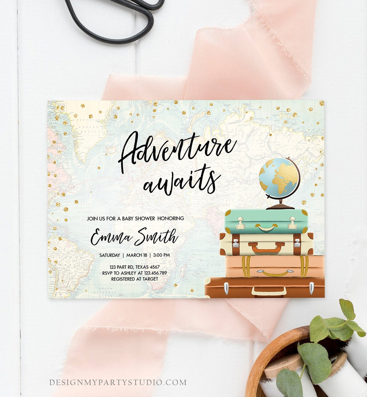 Editable Adventure Awaits Baby Shower Invitation Sprinkle Gold Confetti Suitcases Globe Travel Around World Printable Corjl Template 0263