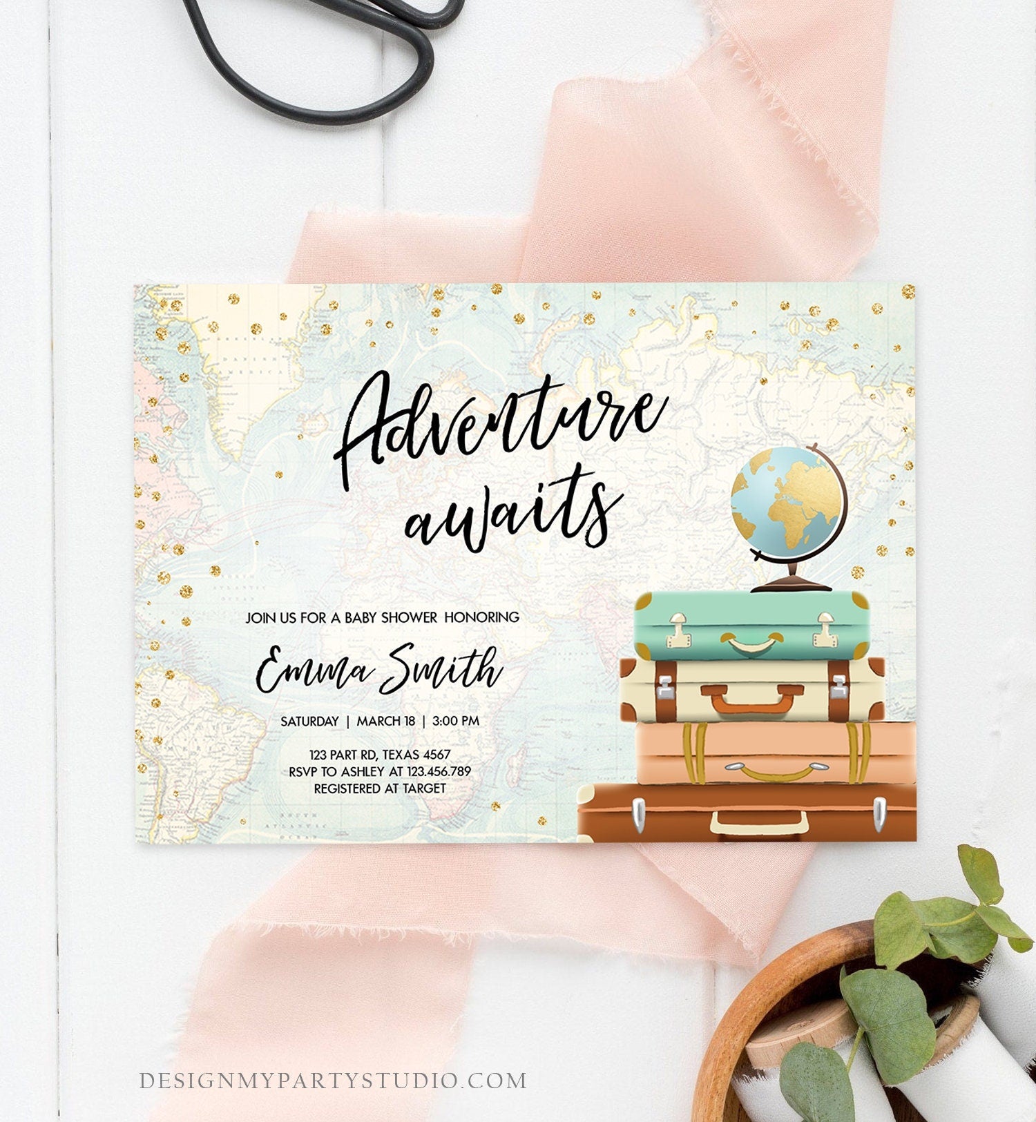 Editable Adventure Awaits Baby Shower Invitation Sprinkle Gold Confetti Suitcases Globe Travel Around World Printable Corjl Template 0263
