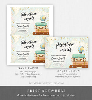 Editable Adventure Awaits Baby Shower Invitation Sprinkle Gold Confetti Suitcases Globe Travel Around World Printable Corjl Template 0263