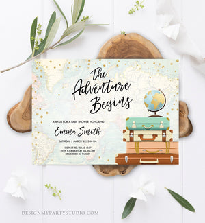 Editable The Adventure Begins Baby Shower Invitation Gold Confetti Suitcases Globe Travel Around World Printable Corjl Template 0263