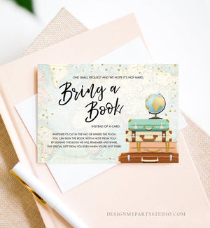 Editable Travel Bring a Book Card Baby Shower Books for Baby Adventure Awaits Journey Begins Suitcases Globe Corjl Template Printable 0263