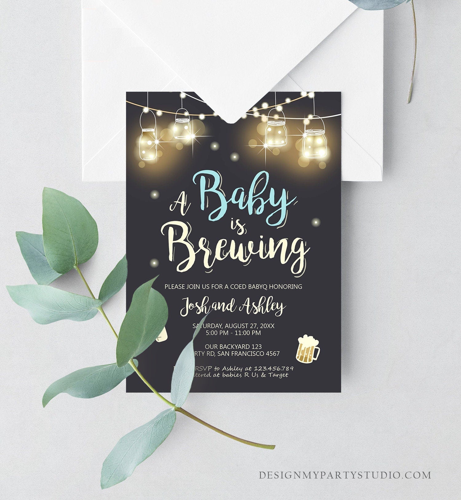 Editable A Baby is Brewing Invitation Bottle and Beers Baby Shower BaByQ BBQ Coed Couples Shower Boy Download Printable Template Corjl 0024