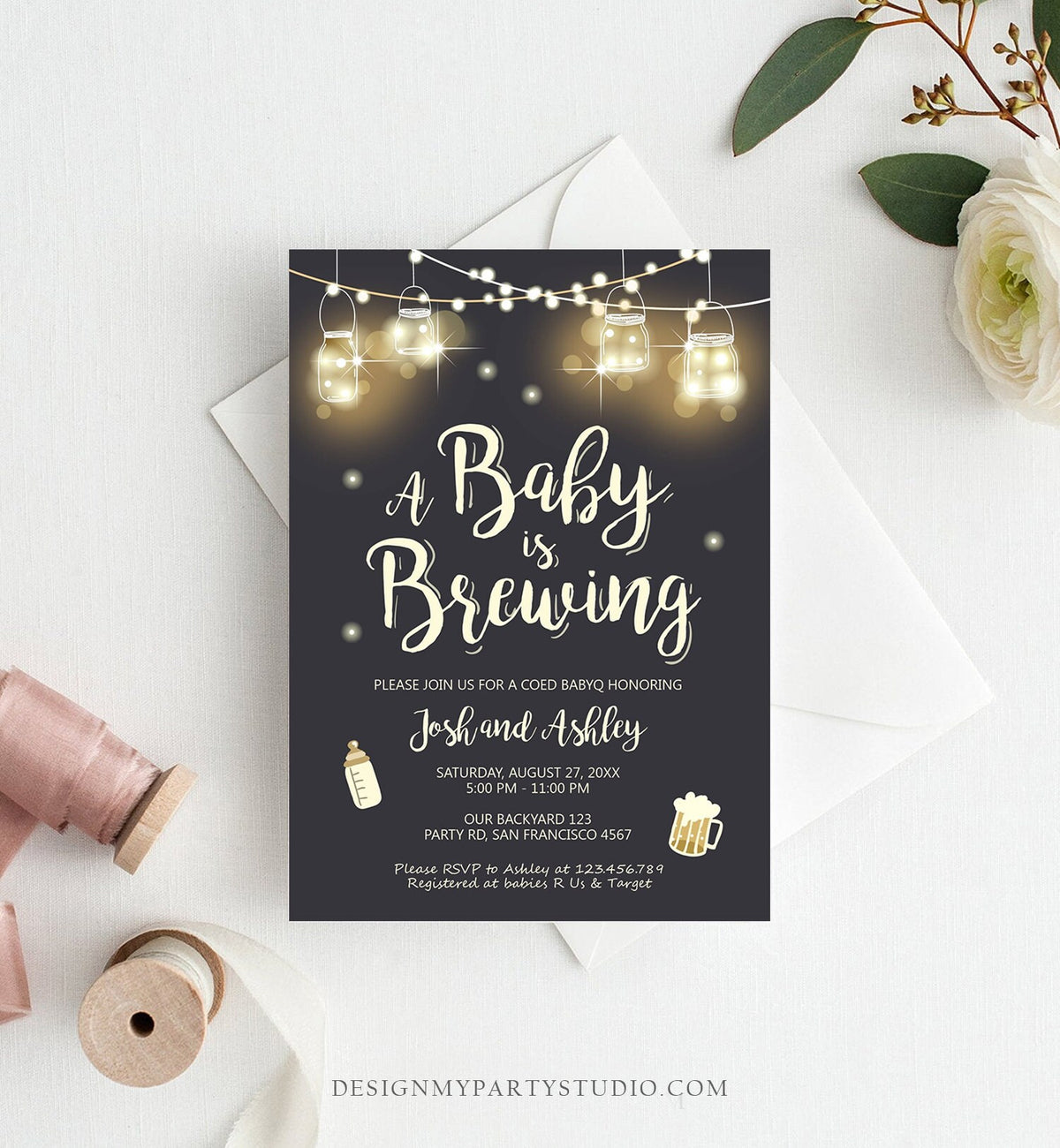 Editable A Baby is Brewing Invitation Bottle and Beers Baby Shower BaByQ BBQ Coed Couples Shower Download Printable Template Corjl 0024