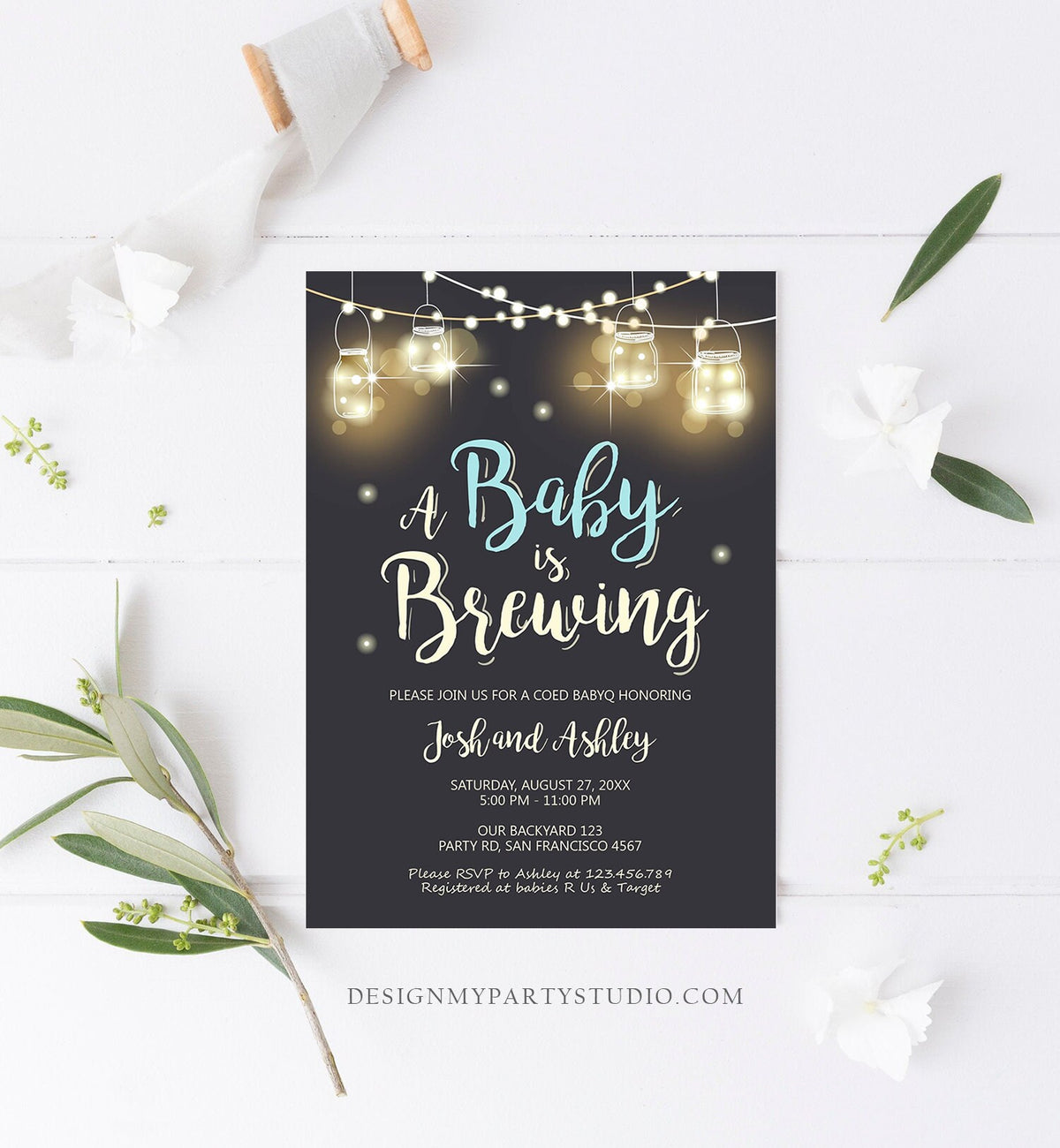 Editable A Baby is Brewing Invitation Bottle and Beers Baby Shower BaByQ BBQ Coed Couples Shower Boy Download Printable Template Corjl 0024