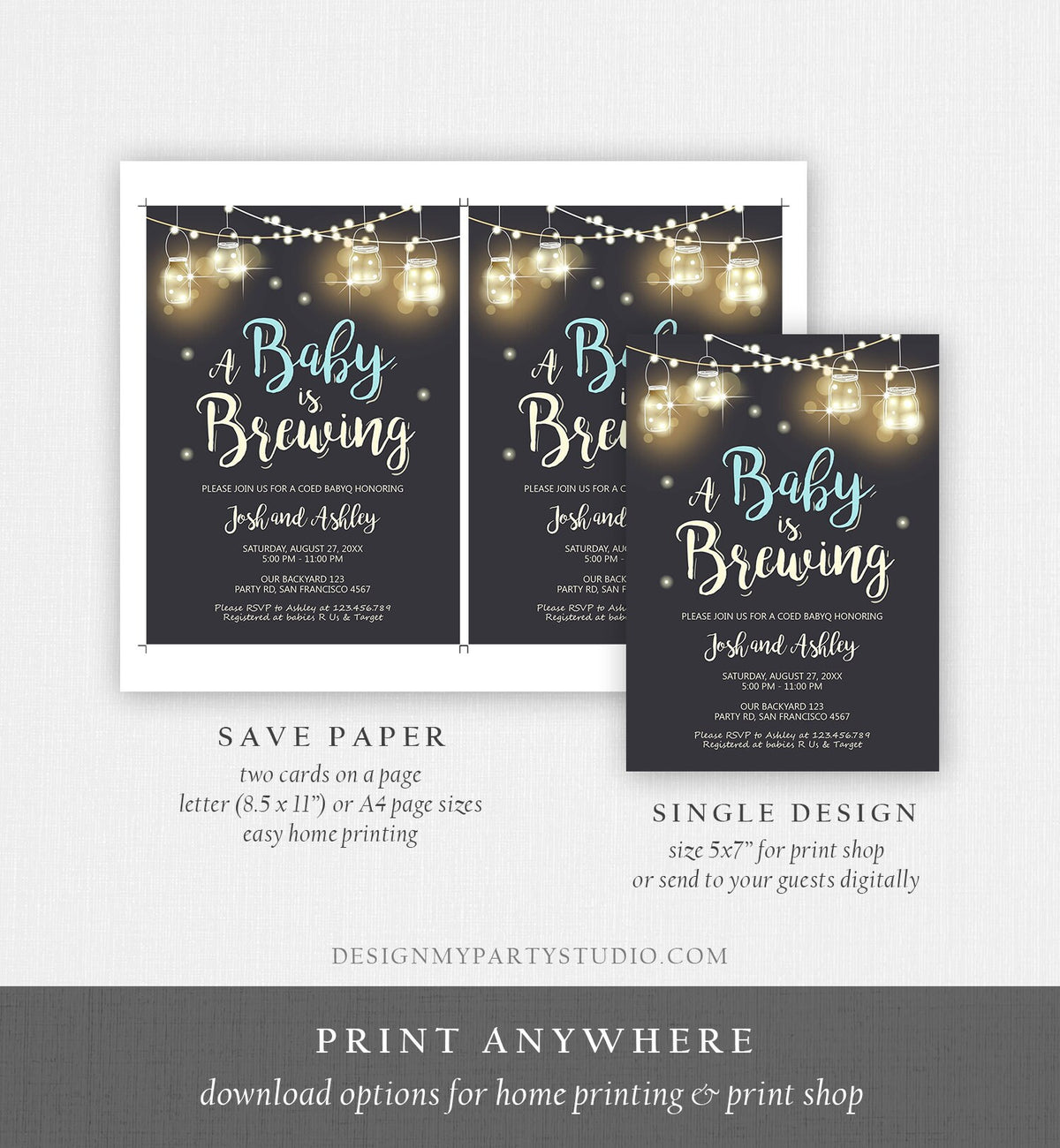 Editable A Baby is Brewing Invitation Bottle and Beers Baby Shower BaByQ BBQ Coed Couples Shower Boy Download Printable Template Corjl 0024