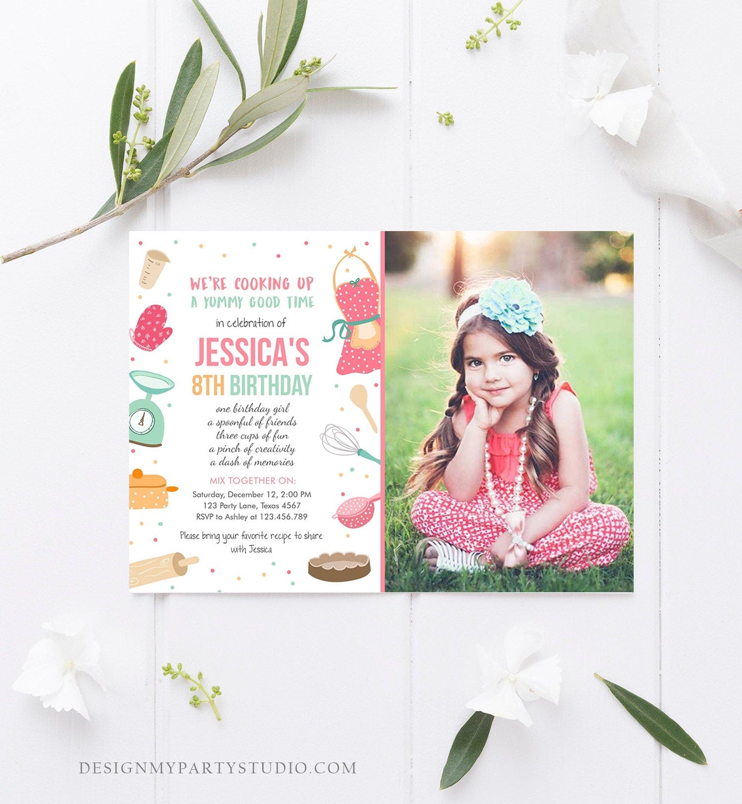 Editable Kids Kitchen Cooking Birthday Invitation Pink Girl Chef Baking Party Cakes Pies Cupcakes Digital Download Template Printable 0219