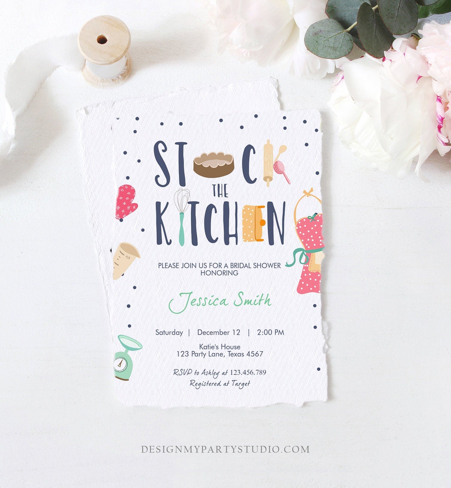 Editable Stock the Kitchen Bridal Shower Invitation Cooking Kitchen Shower Pink Invite Pots and Pans Download Printable Template Corjl 0219