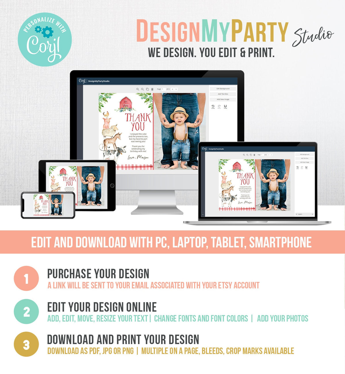 Editable Farm Animals Thank You Card Red Gingham Boy Farm Birthday Barnyard Party Animals Note Digital Download Template Printable 0155