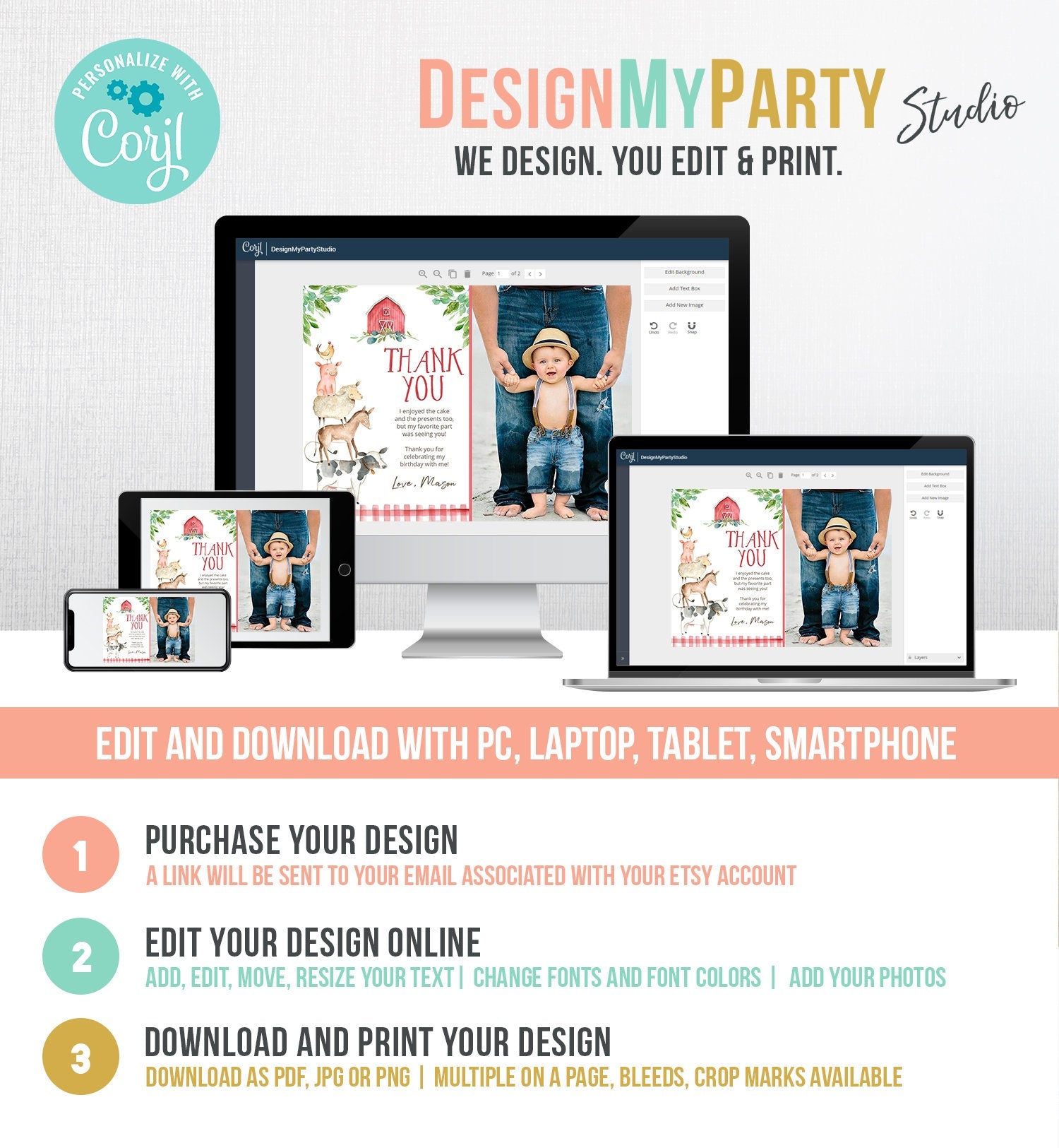 Editable Farm Animals Thank You Card Red Gingham Boy Farm Birthday Barnyard Party Animals Note Digital Download Template Printable 0155