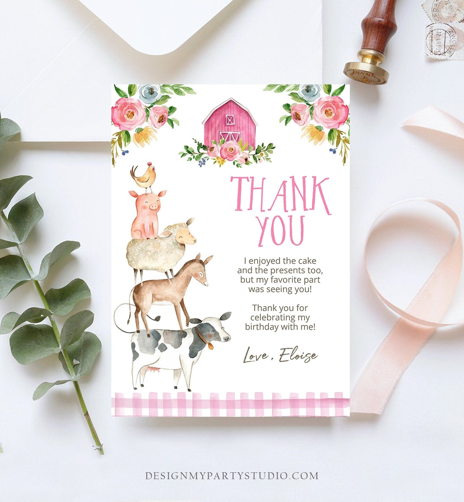 Editable Farm Animals Thank you Card Pink Farm Birthday Girl Barnyard Thank You Card Birthday Template Instant Download Corjl 0155