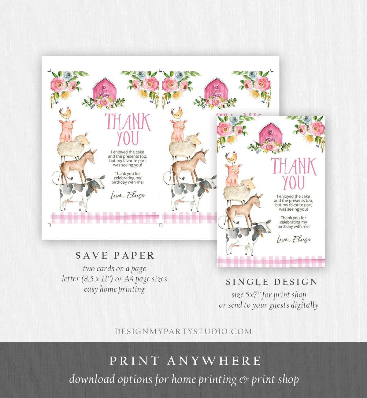 Editable Farm Animals Thank you Card Pink Farm Birthday Girl Barnyard Thank You Card Birthday Template Instant Download Corjl 0155