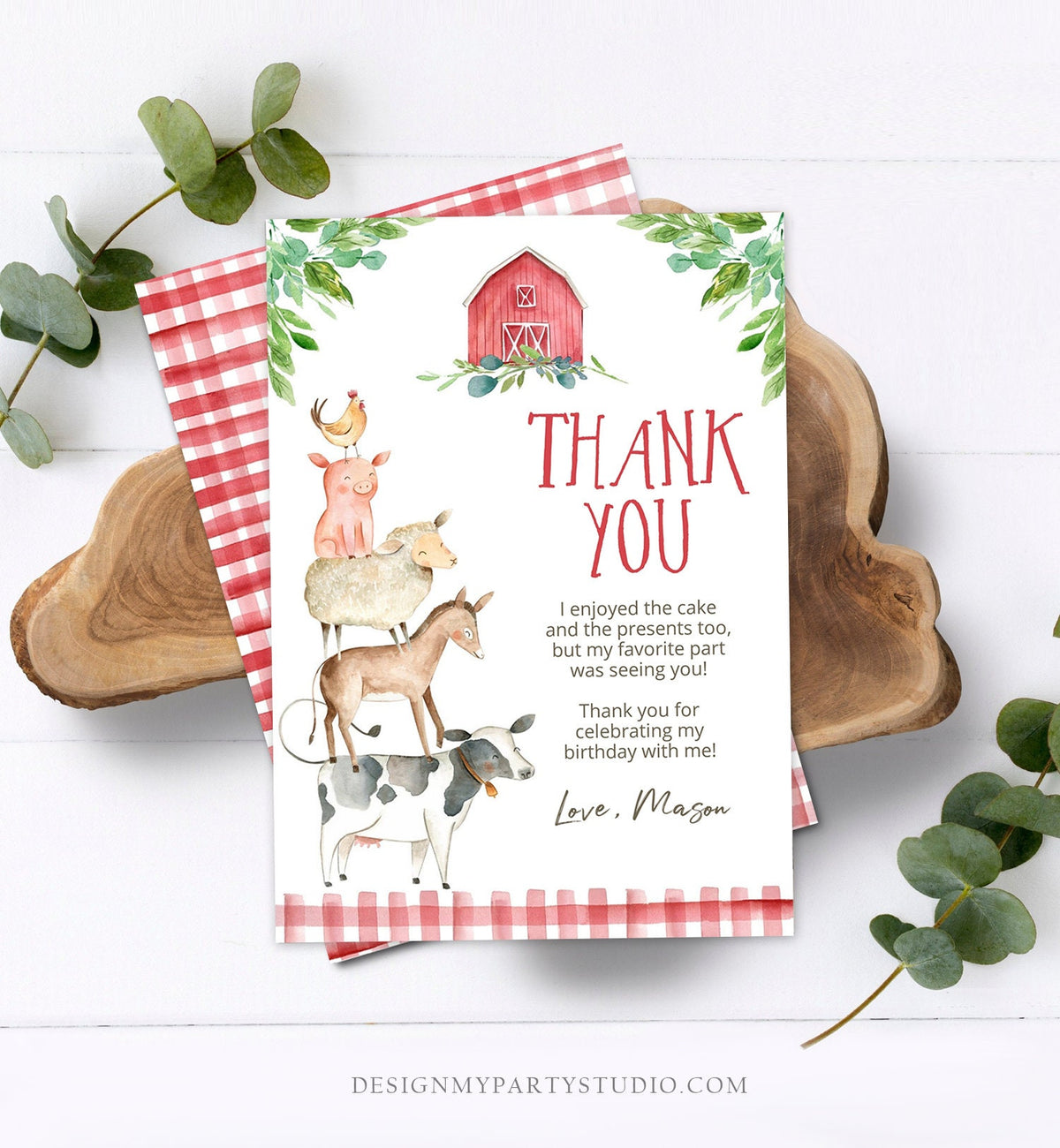 Editable Farm Animals Thank you Card Red Gingham Farm Birthday Boy Barnyard Thank You Card Birthday Template Instant Download Corjl 0155