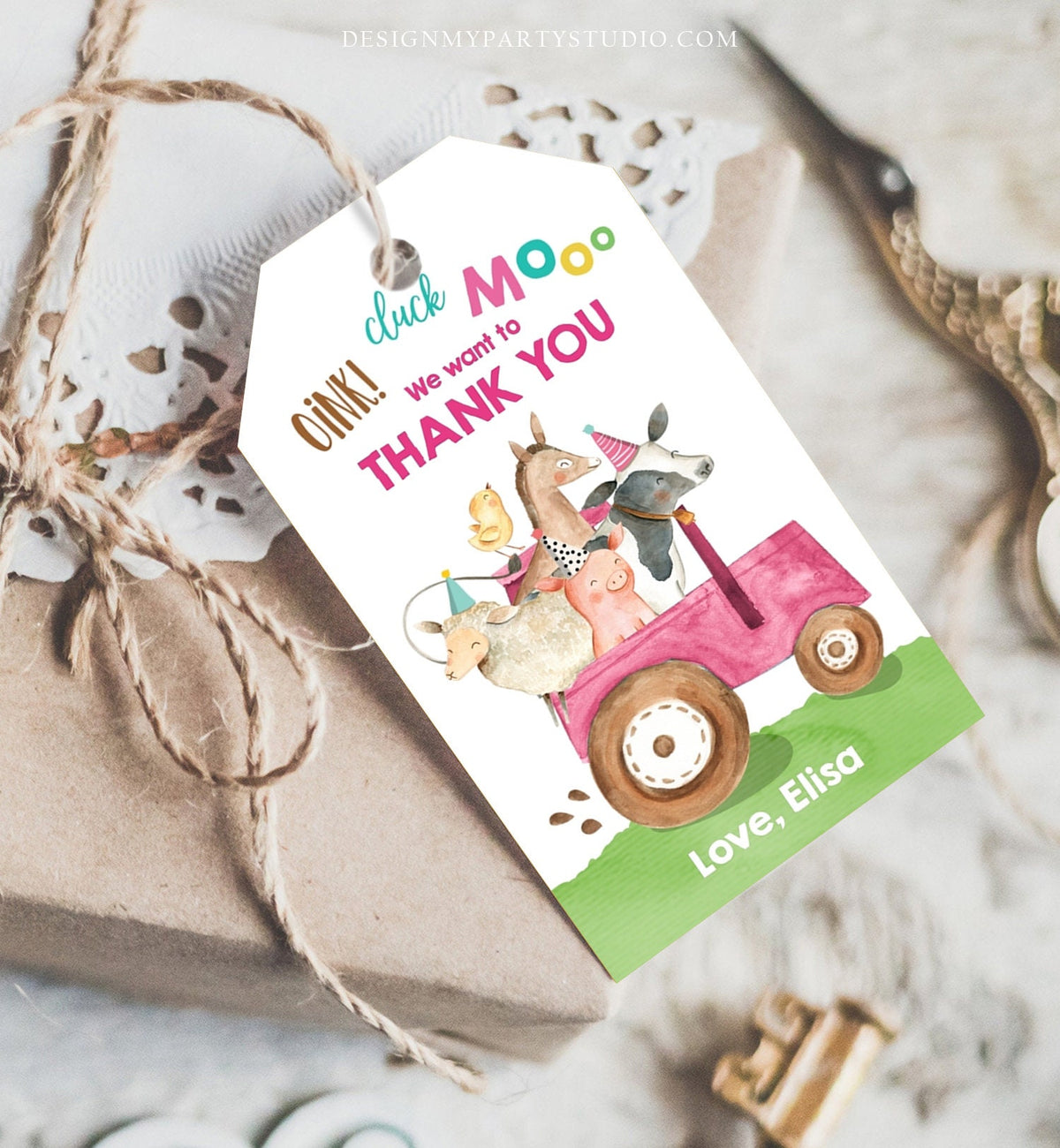 Editable Farm Favor Tags Tags Pink Farm Birthday Thank you tags Barnyard Gift Tags Pink Tractor Birthday Digital Template Printable 0155