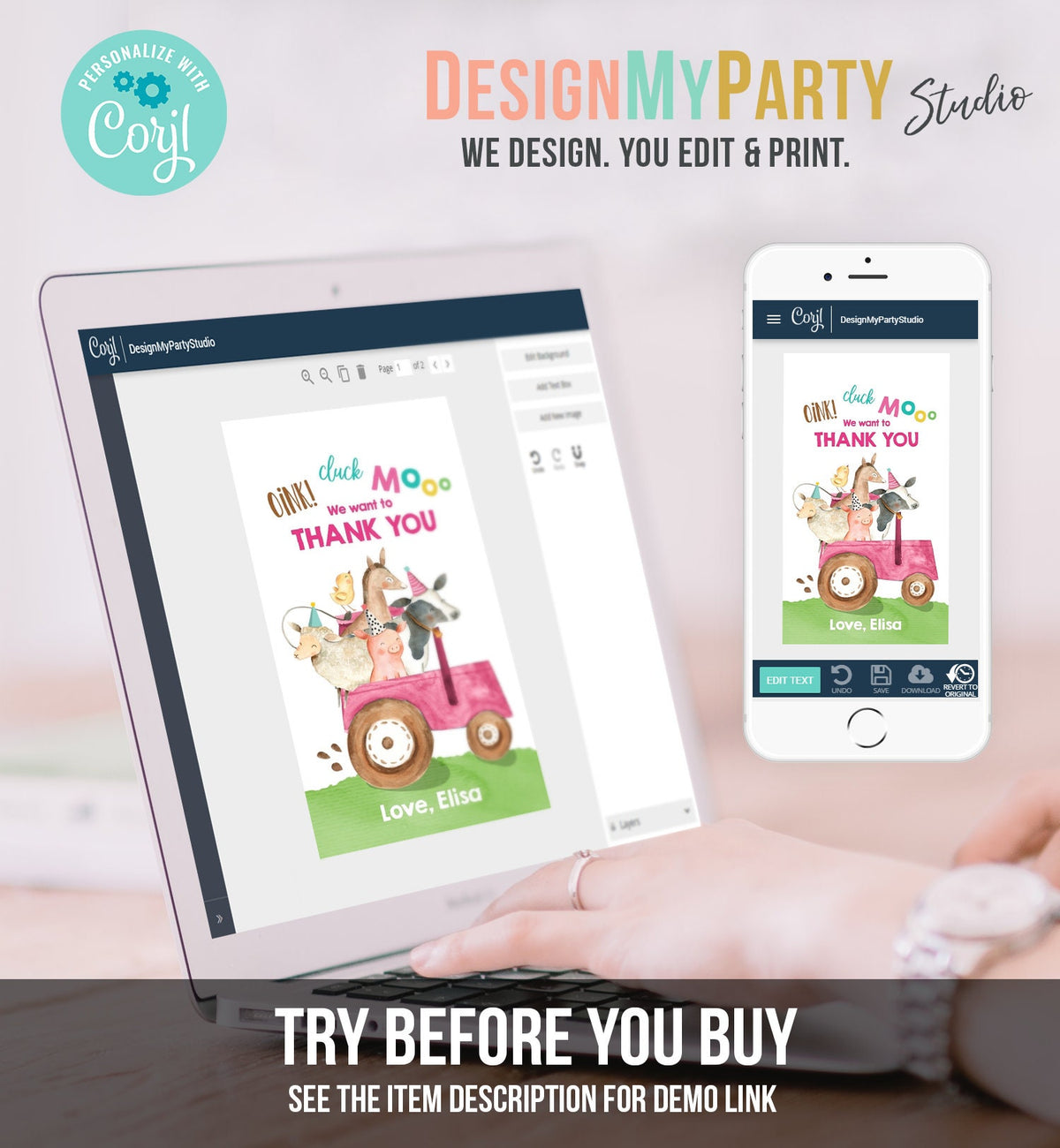 Editable Farm Favor Tags Tags Pink Farm Birthday Thank you tags Barnyard Gift Tags Pink Tractor Birthday Digital Template Printable 0155