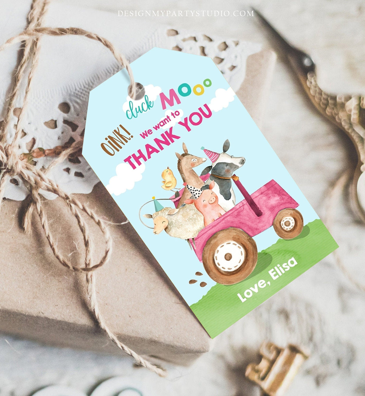 Editable Farm Favor Tags Tags Pink Farm Birthday Thank you tags Barnyard Gift Tags Pink Tractor Birthday Template PRINTABLE Corjl 0155