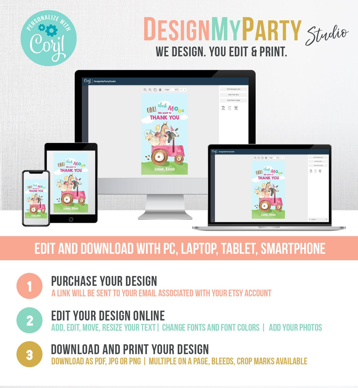 Editable Farm Favor Tags Tags Pink Farm Birthday Thank you tags Barnyard Gift Tags Pink Tractor Birthday Template PRINTABLE Corjl 0155