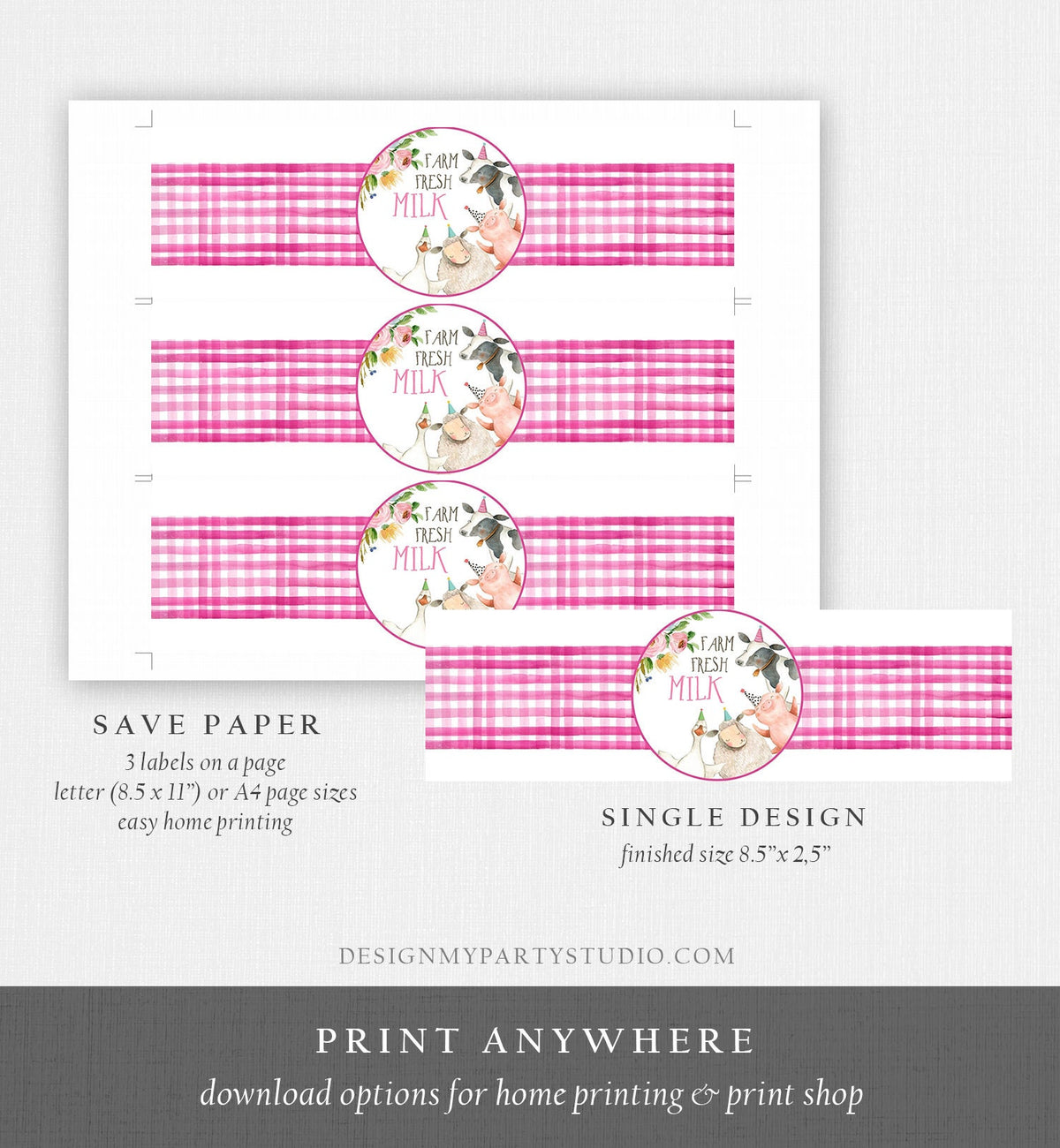 Editable Milk Bottle Labels Farm Animals Birthday Barnyard Pink Farm Girl Gingham Cow Pig Milk Jar Wrap Digital Template Printable 0155 160