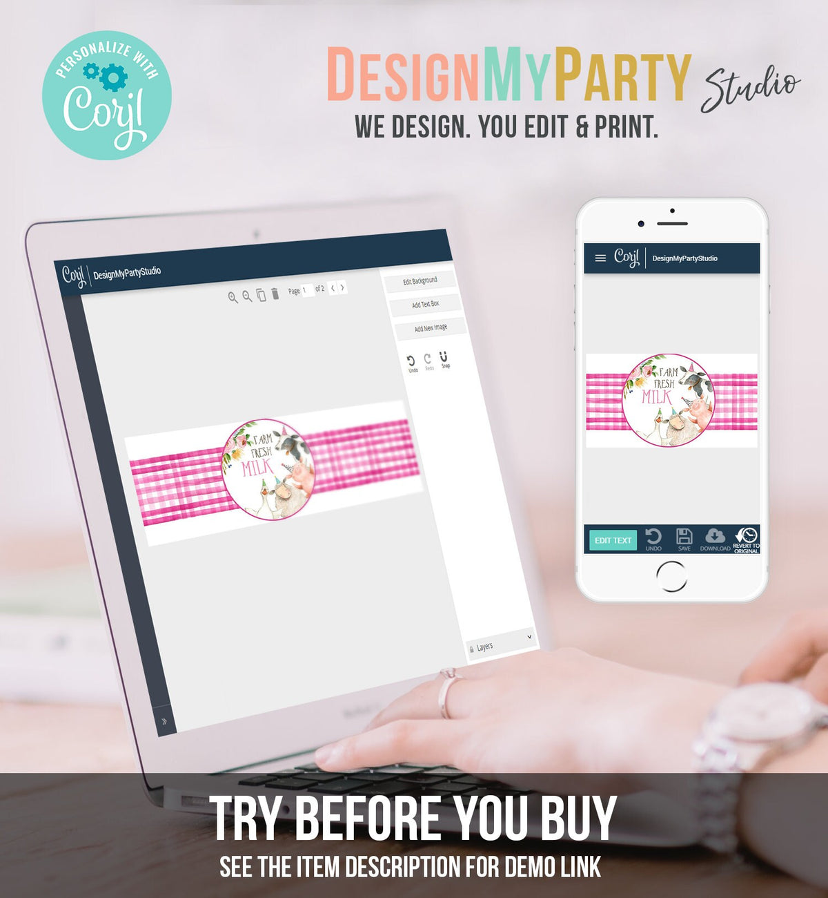 Editable Milk Bottle Labels Farm Animals Birthday Barnyard Pink Farm Girl Gingham Cow Pig Milk Jar Wrap Digital Template Printable 0155 160