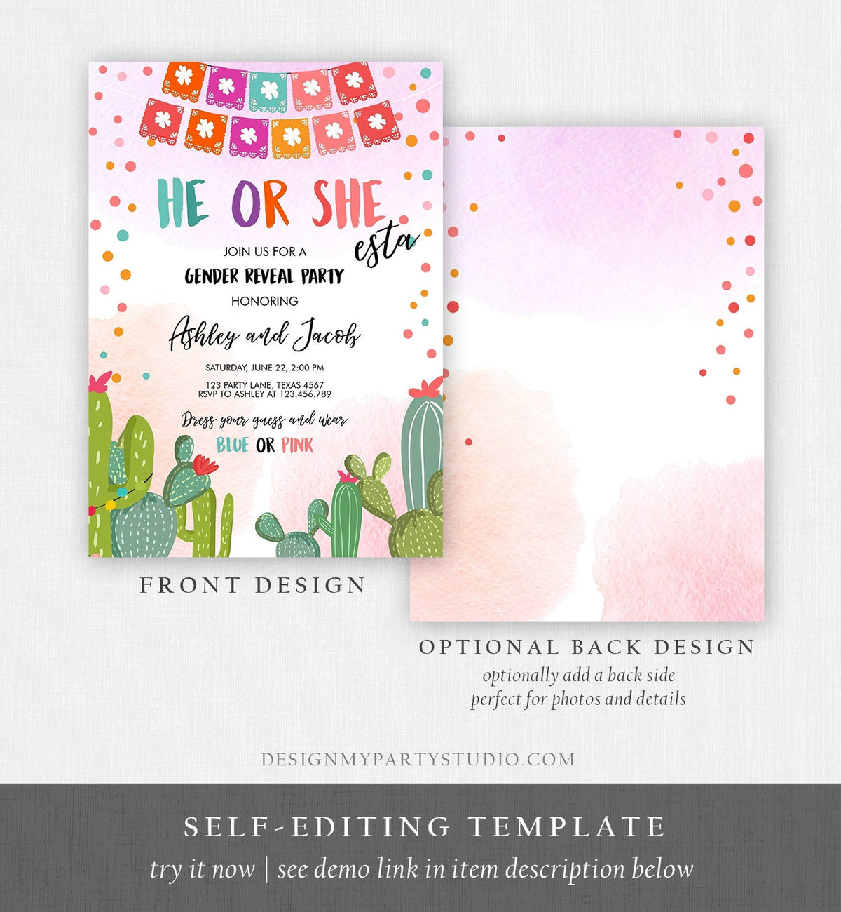 Editable Fiesta Gender Reveal Invitation He or She Boy or Girl Cactus Mexican She-esta Cactus Blue Pink Digital Template Printable 0135
