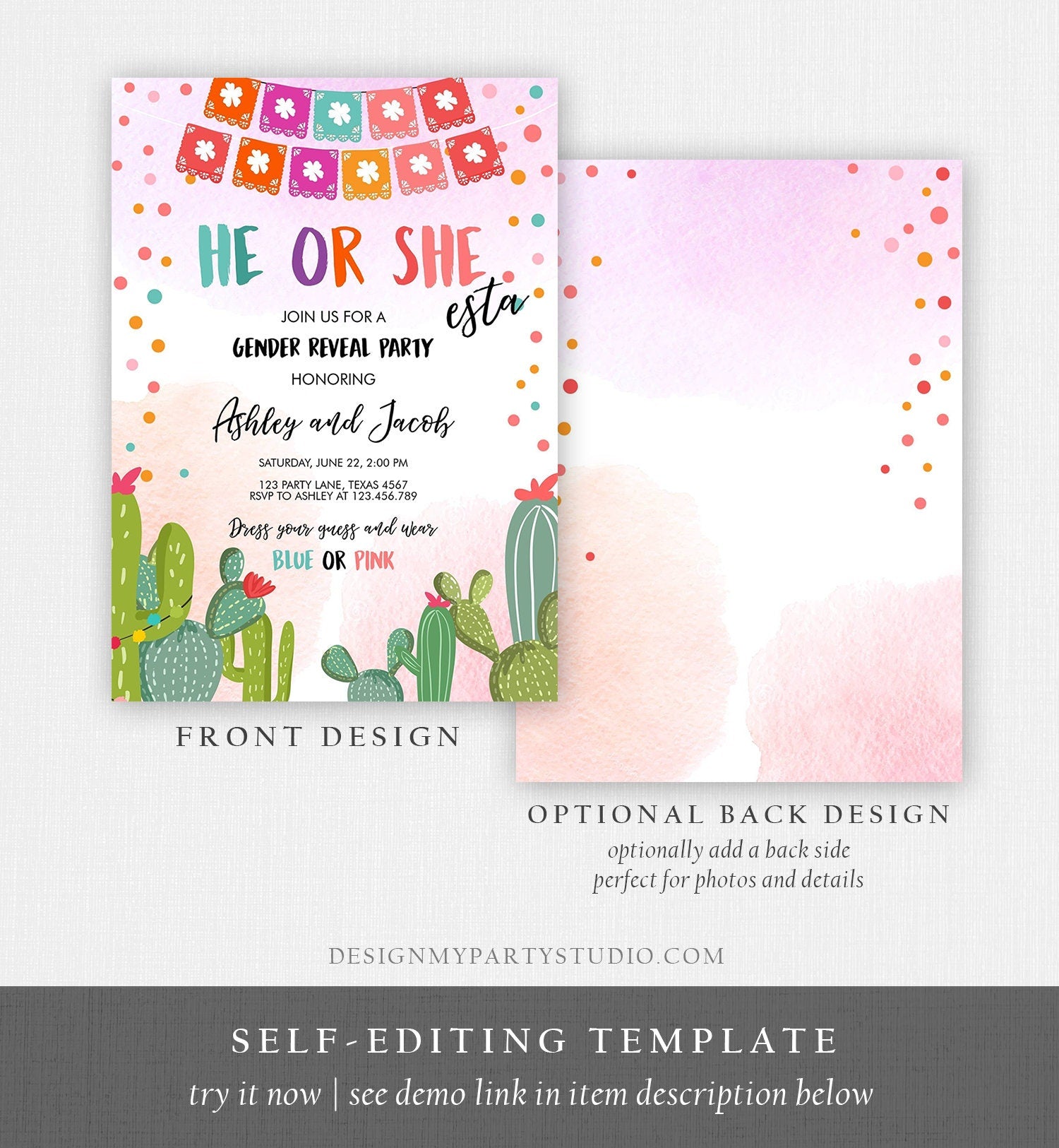 Editable Fiesta Gender Reveal Invitation He or She Boy or Girl Cactus Mexican She-esta Cactus Blue Pink Digital Template Printable 0135