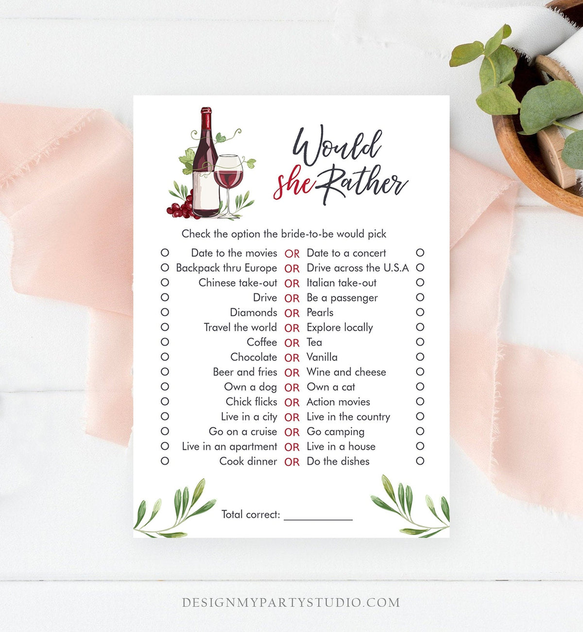 Editable Would She Rather Bridal Shower Game Wedding Shower Activity Wine Tasting Vineyard Game Download Corjl Template Printable 0234