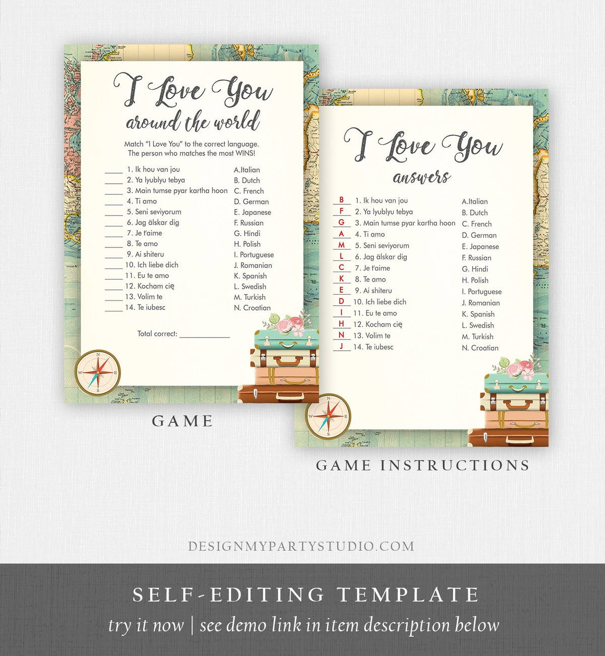 Editable I Love You Around the World Bridal Shower Game Travel Wedding Shower Activity Vintage Map Suitcases Corjl Template Printable 0044