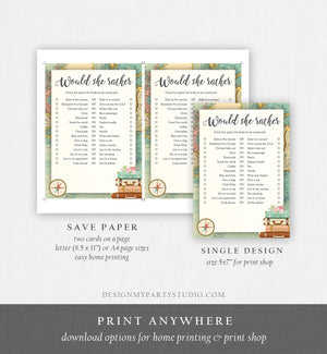 Editable Would She Rather Bridal Shower Game Travel Would the Bride Wedding Shower Activity Vintage Map Party Corjl Template Printable 0044
