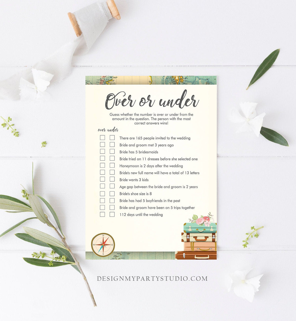 Editable Over or Under Bridal Shower Game Travel More or Less Guess Wedding Shower Activity Vintage Map Digital Template Printable 0044