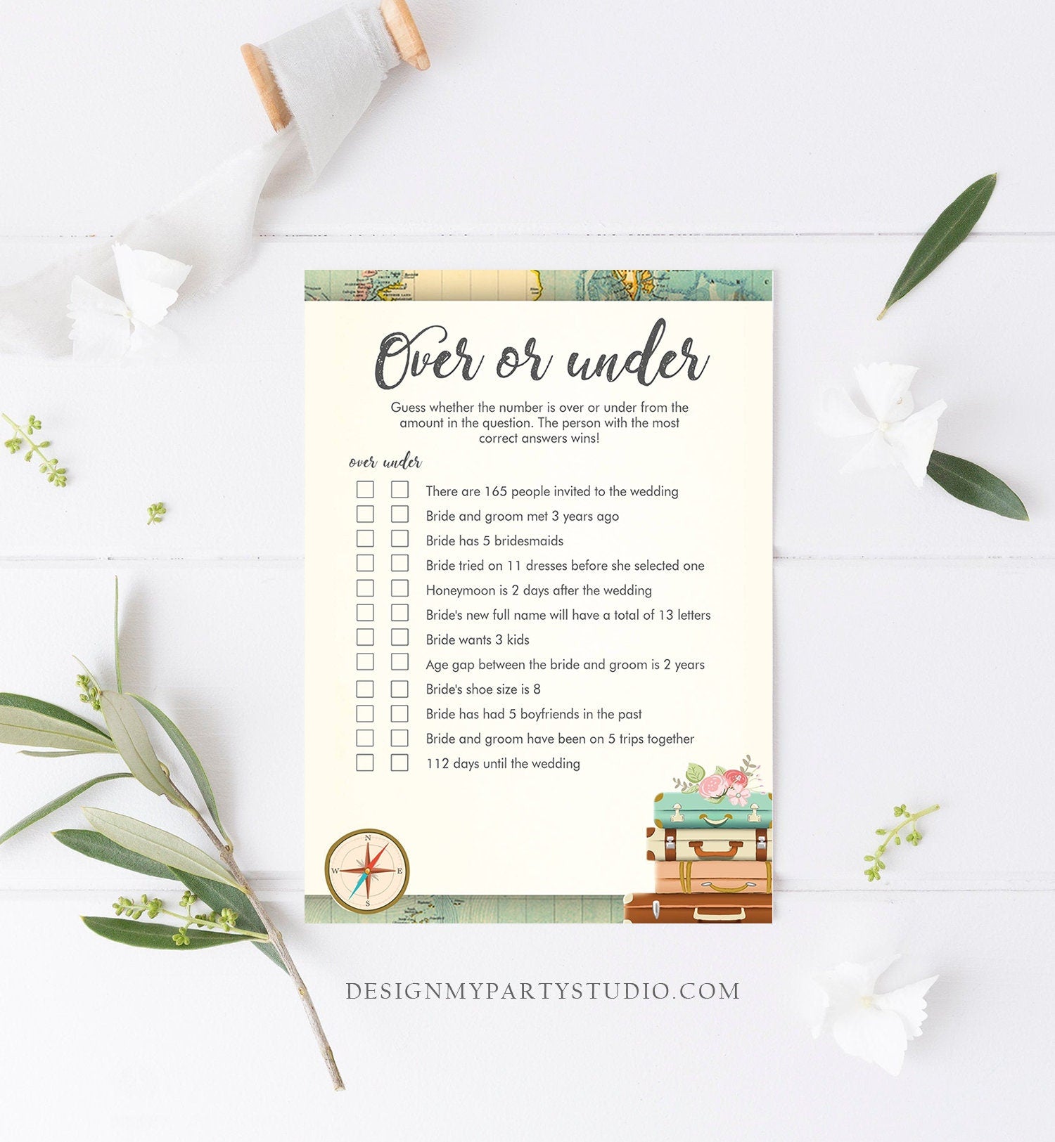 Editable Over or Under Bridal Shower Game Travel More or Less Guess Wedding Shower Activity Vintage Map Digital Template Printable 0044